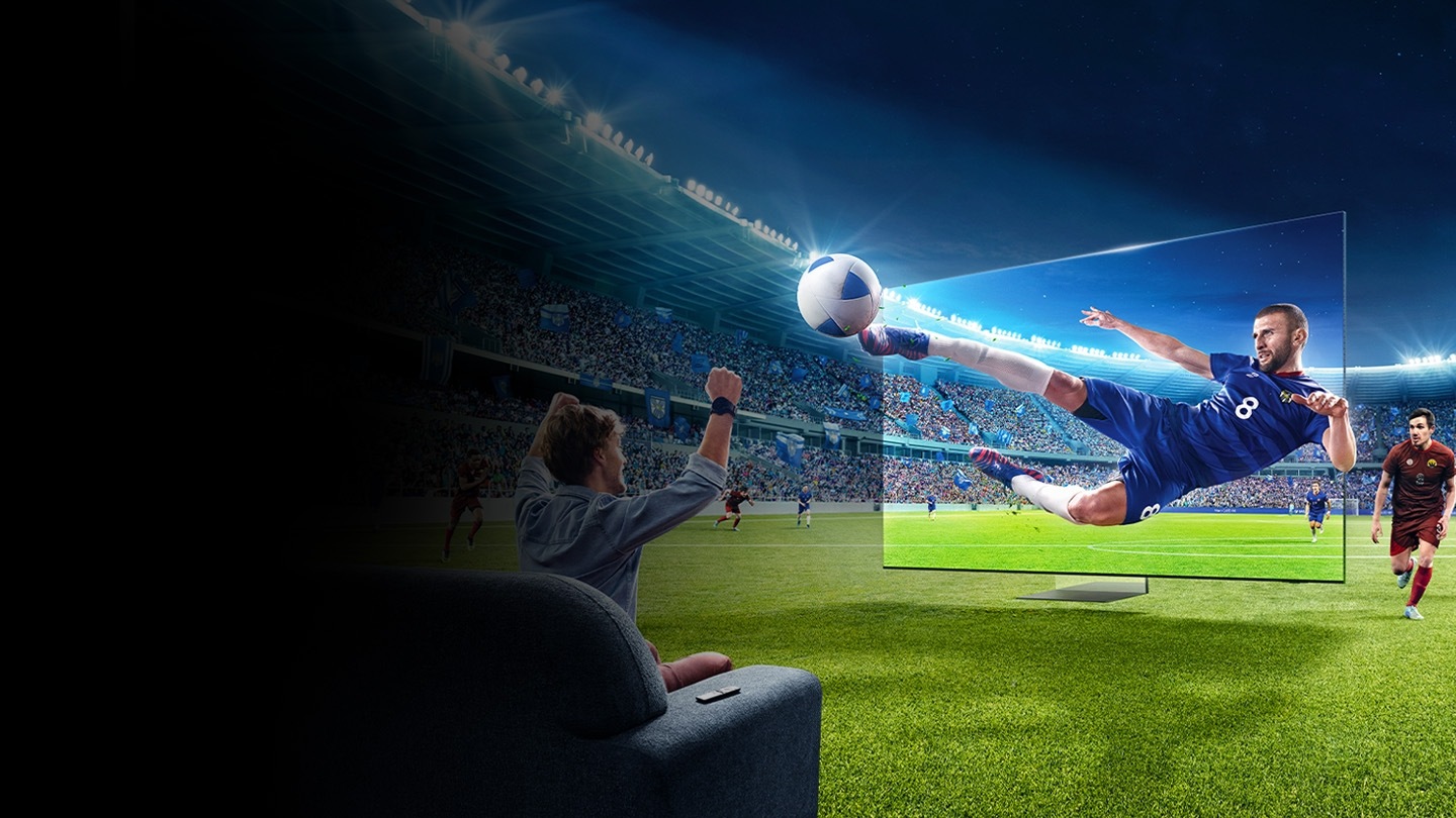 A stadium blends seamlessly with the scene on TV. A player kicking a ball bursts out the screen. A viewer on a sofa cheers.