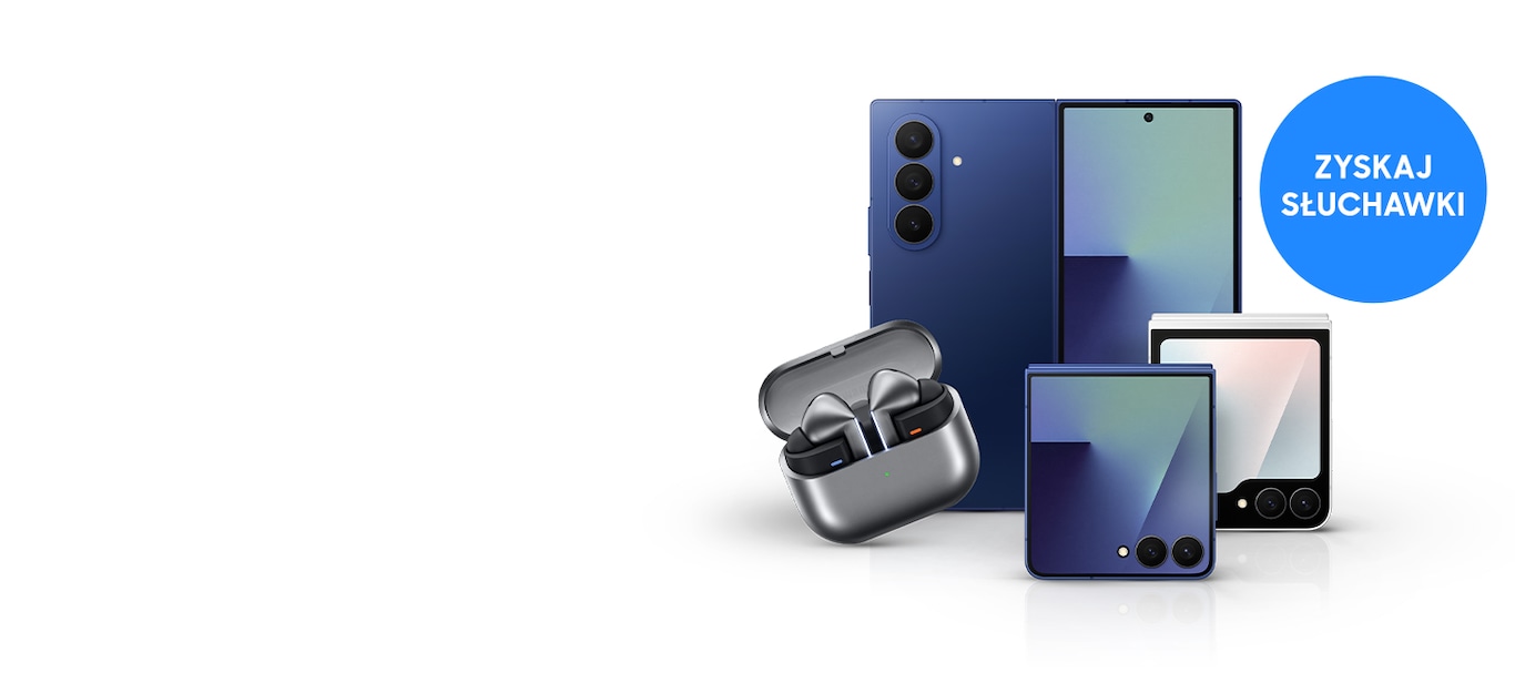 Smartfony Galaxy Z Fold7, Z Flip7 i Z Flip7 FE w różnych kolorach obok słuchawek Galaxy Buds3 Pro w etui – grafika promocyjna