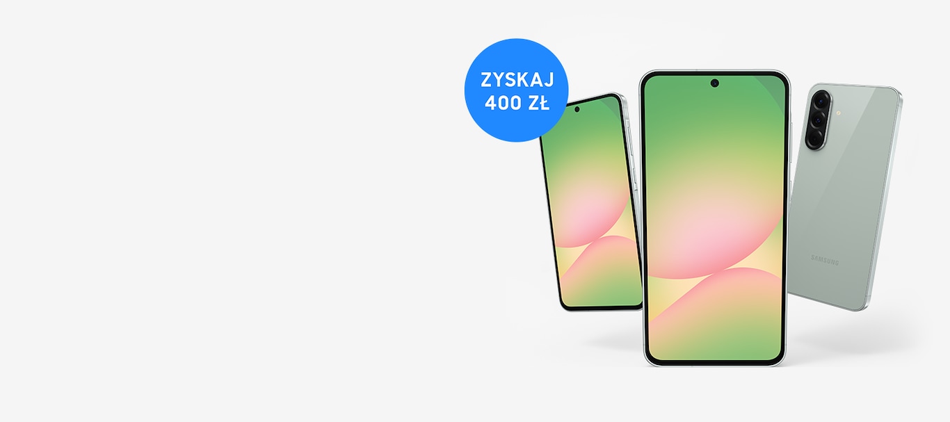 Smartfon Galaxy A56 5G w trzech widokach – przód, tył oraz bok. Informacja o promocji – zyskaj 400 zł zwrotu.