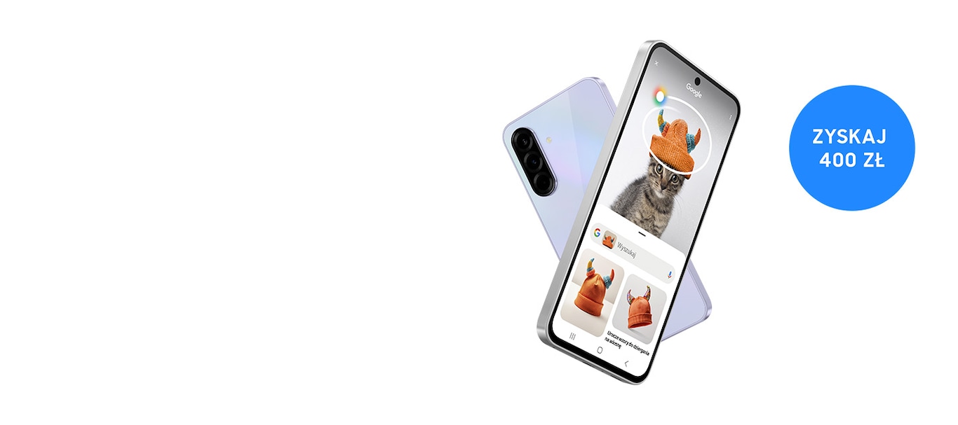Telefony Samsung Galaxy A36 - jeden przodem. Dwa tyłem - jeden z czarną obudową, a drugi z fioletową. 