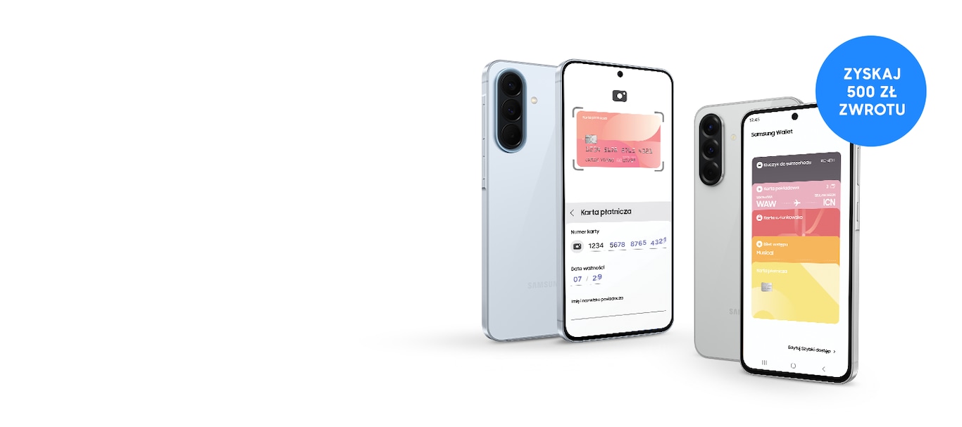 Telefony Samsung Galaxy A36 - jeden przodem. Dwa tyłem - jeden z czarną obudową, a drugi z fioletową. 