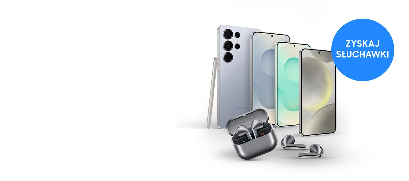 Dwa smartfony Samsung Galaxy S24 (jeden fioletowy, drugi beżowy) oraz otwarte etui ze słuchawkami Galaxy Buds3. W prawym górnym rogu niebieskie koło z napisem "ZYSKAJ SŁUCHAWKI"