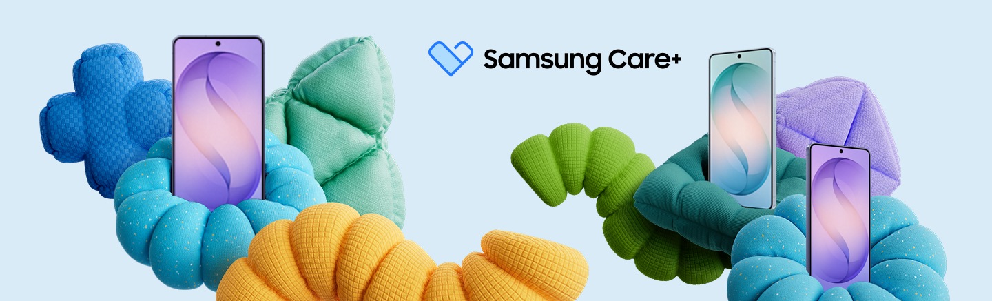 Dwa fioletowe i jeden jasnoniebieski smartfony z serii Galaxy S26 z logo Samsung Care+