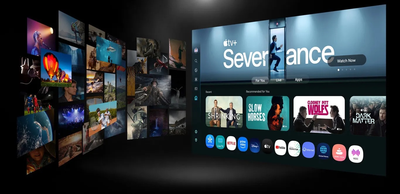 Ekran główny systemu operacyjnego Samsung Smart TV Tizen pokazuje różne treści i aplikacje. Tło stanowią zrzuty ekranu i ikony.