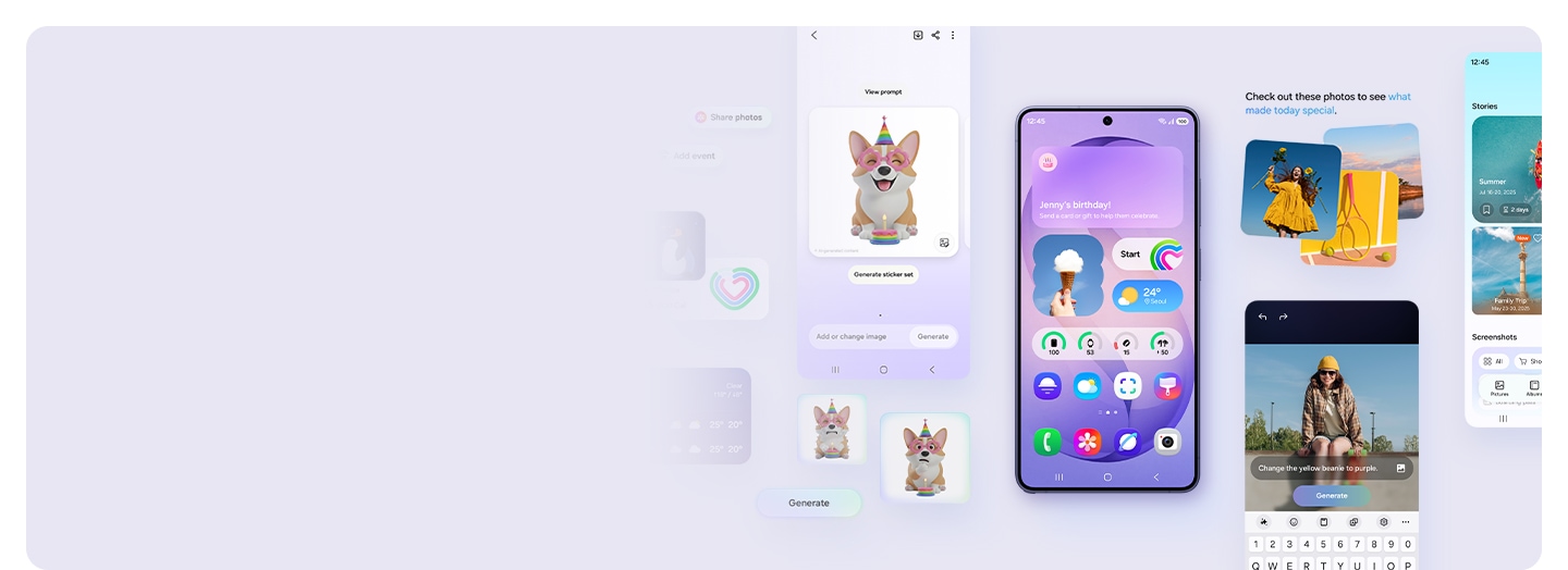 Um telefone Galaxy S26 Ultra em Cobalt Violet mostra uma série de aplicações e widgets no ecrã inicial. O telefone está rodeado por outros ecrãs e widgets que mostram as diferentes funções e atividades que podem ser realizadas com um telefone Galaxy.