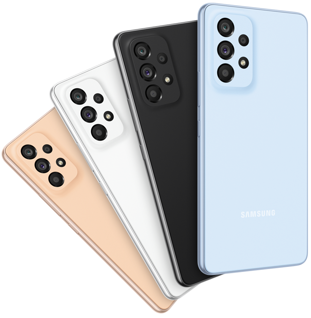 Quatro telemóveis Galaxy A53 5G em Awesome Blue, Awesome Black, Awesome White e Awesome Peach espalhados em leque e vistos de trás.