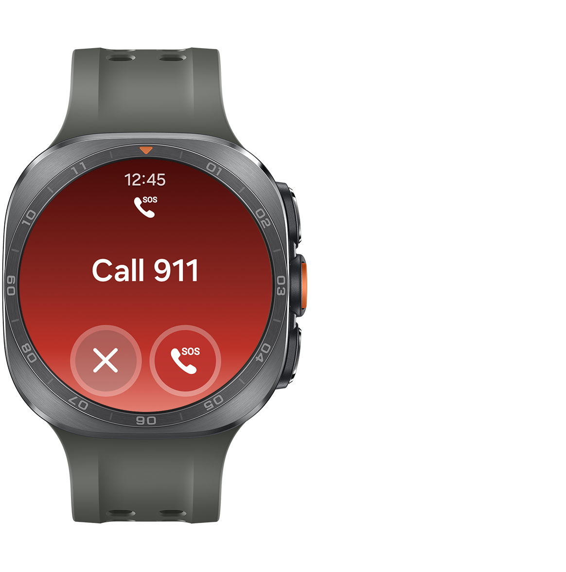 Galaxy Watch Ultra2 em Prateado com uma Bracelete Desportiva em Verde Azeitona mostrada a exibir a hora e a chamada de SOS no topo, o texto Ligar ao 112 no centro e um botão de cancelar e um botão de chamada SOS na parte inferior. A função SOS de emergência é ativada ao premir o botão de início cinco vezes..