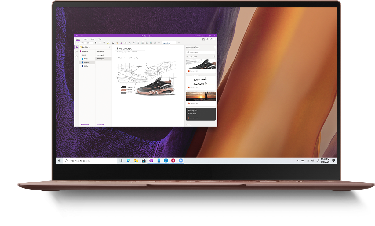 Um computador visto de frente, com o Microsoft Outlook no ecrã. É possível ver as mesmas notas apresentadas no Galaxy Note20 Ultra 5G, para demonstrar as capacidades de sincronização entre a app Samsung Notes e o Outlook. Três aplicações móveis – Música, Mensagens e Galeria – surgem no ecrã do computador para demonstrar a capacidade de ligação ao Windows e de utilização das aplicações móveis no computador.