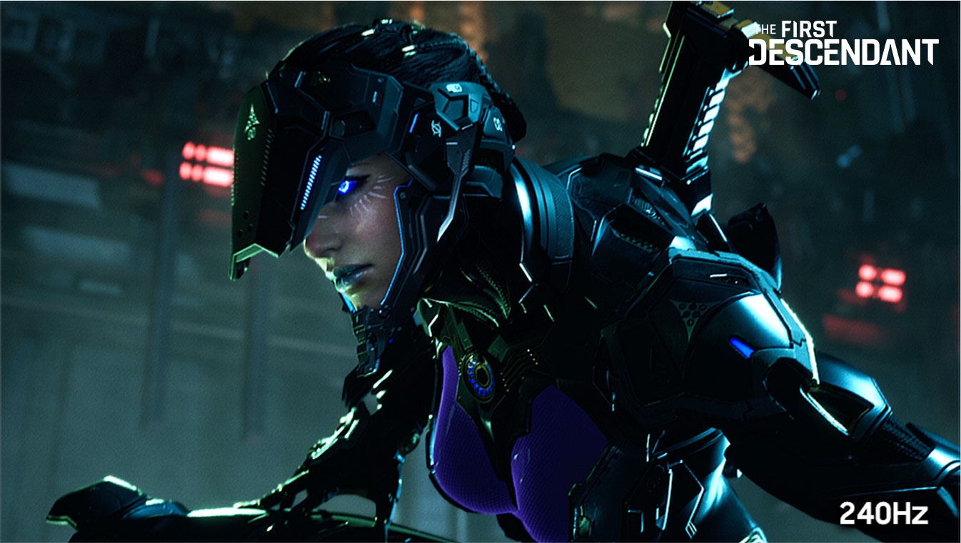 Uma cena do trailer da Nexon, THE FIRST DESCENDANT, é vista com menos nitidez num dos lados do ecrã com a indicação “120Hz” e com nitidez ultra nítida no outro lado com a indicação “240Hz”. O utilizador pode ajustar o ecrã de um lado para o outro para comparar a qualidade da imagem.