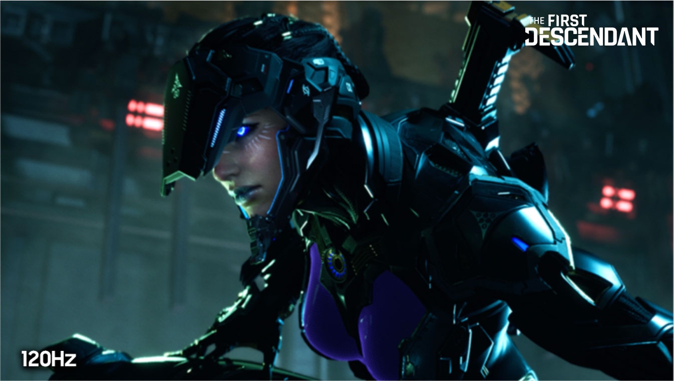Uma cena do trailer da Nexon, THE FIRST DESCENDANT, é vista com menos nitidez num dos lados do ecrã com a indicação “120Hz” e com nitidez ultra nítida no outro lado com a indicação “240Hz”. O utilizador pode ajustar o ecrã de um lado para o outro para comparar a qualidade da imagem.