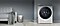 Se muestra una lavadora inteligente en el lado derecho y un sofá, un canasto de lavandería y ropa para lavar en el lado izquierdo.