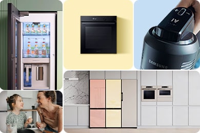 Se ve una imagen del Beverage Center de la Smart 4-Door Flex™️ Refrigerator en acero inoxidable. Se muestra el interruptor de encendido de la Samsung Bespoke Jet™️ AI Cordless Stick Vacuum Cleaner. A continuación, se presenta el Samsung Series 5 Smart Oven with Dual Cook Flex and Air Fry sobre un fondo amarillo. En la segunda fila, una mujer y una niña hornean juntas y se divierten. Finalmente, se destacan dos hornos Samsung: el Series 7 Dual Cook Steam Oven w/ AI Pro Cooking y el Bespoke AI™️ Oven Compact Oven w/ Auto Open Door, ambos en satin beige y empotrados en gabinetes blancos de cocina. Además, se muestra el Bespoke Jet™️ AI 250W en satin charcoal frente a un fondo de pastel rosa.