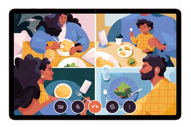 Una ilustración de un chat grupal familiar, transmitido en una Galaxy Tab S7. La pantalla se divide en cuatro cuadrículas, con la madre en la cuadrícula inferior izquierda, el padre en la cuadrícula inferior derecha, la abuela en la cuadrícula superior izquierda y un niño en la cuadrícula superior derecha. Están teniendo una cena virtual a distancia a través de una videollamada grupal en Google Duo.