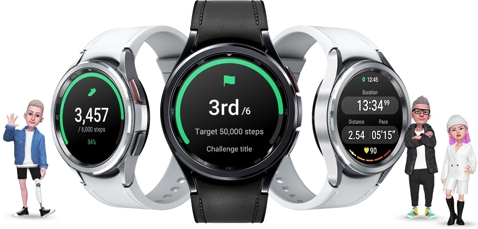 Se pueden ver tres Galaxy Watch6 Classic. El reloj de la izquierda muestra los pasos diarios realizados. El reloj en el medio muestra la función de competencia, indicando el tercer lugar del usuario entre 6 personas para una caminata con un objetivo de 50 000 pasos. El reloj de la derecha muestra el resultado de un entrenamiento con duración del ejercicio, distancia, ritmo promedio y frecuencia cardíaca. Se muestran tres personas animadas en diferentes poses alrededor de los relojes.