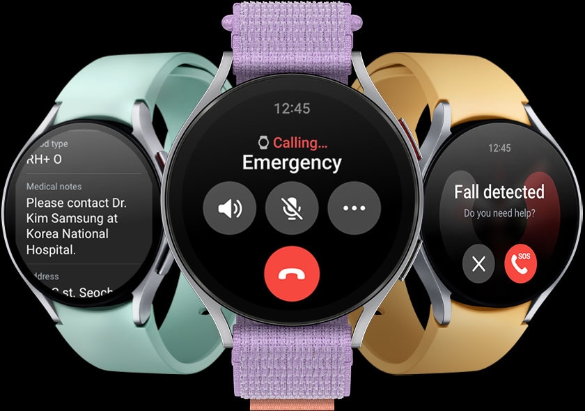 Se pueden ver tres Galaxy Watch6. El reloj de la izquierda muestra la pantalla Información médica. El reloj en el centro muestra la pantalla de llamada de emergencia. El reloj de la derecha muestra la pantalla de detección de caídas, con el texto "¿Necesitás ayuda?" y un botón de llamada SOS en la parte inferior derecha.