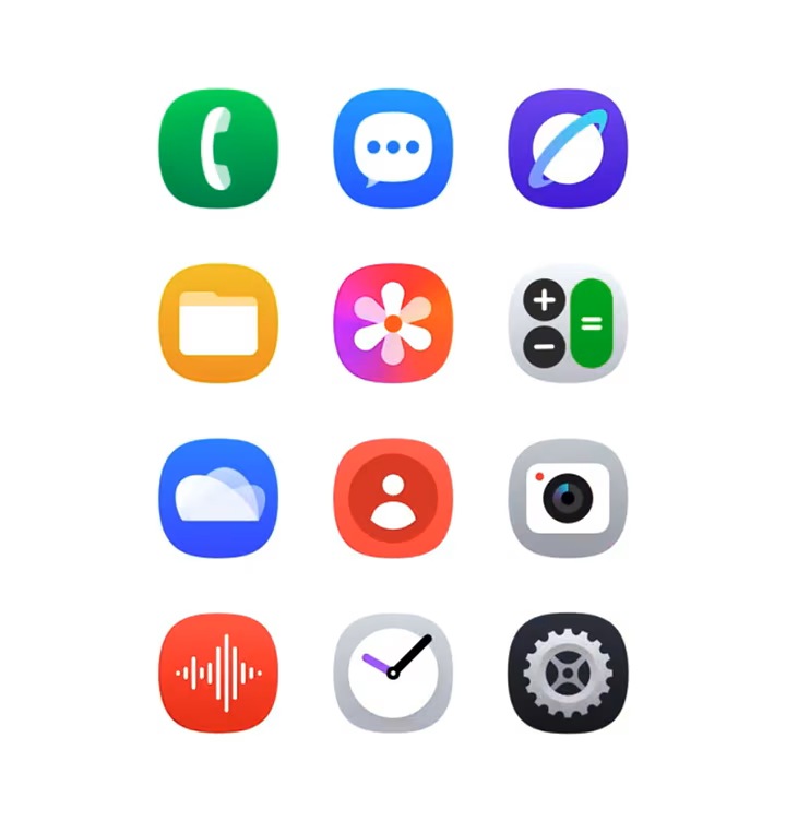 Los iconos de la aplicación Galaxy de One UI 6 cambian a un nuevo diseño de One UI 7. Se dispersan por la pantalla de inicio de un teléfono inteligente Galaxy. Se muestran widgets de Cuenta regresiva, Clima, Gallery y Calendario de hoy. La pantalla está bloqueada, con un hombre en una posición dinámica. A continuación se muestran iconos de acceso directo y una notificación emergente de la música que se reproduce. Gira para mostrar Voice Recorder, donde se muestra la duración y un icono de parada. La ventana emergente gira para mostrar el Temporizador. Muestra el tiempo restante, el tiempo establecido, la hora de finalización y un icono de pausa. Aparecen dos pantallas nuevas. Uno muestra el panel de notificación rediseñado. En la parte superior se encuentran los iconos de Editar, Apagar y Configuración. A continuación se muestran iconos de Wi-Fi, Bluetooth, Rotación automática y más. A continuación se muestra un controlador de medios, controles deslizantes para volumen y brillo e iconos para modo de sonido y Modo oscuro. En la parte inferior están los iconos de dispositivos cercanos y SmartThings. En la otra pantalla hay notificaciones en vivo. Voice Recorder y Temporizador con actualizaciones en tiempo real, llamadas perdidas, mensajes, un icono de Configuración y un icono de eliminar.