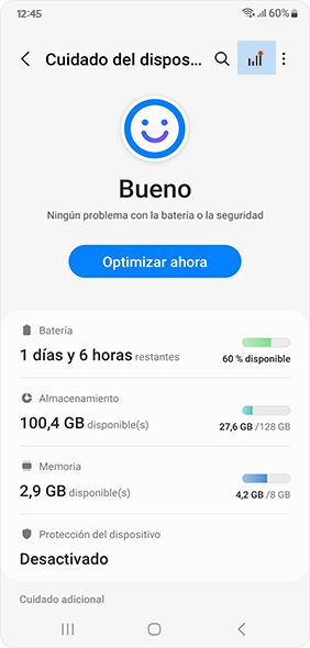 Selecciona el menú Ver más en Cuidado del dispositivo