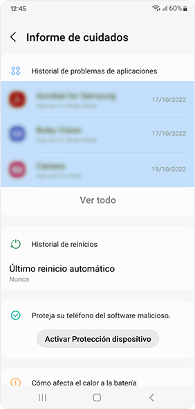 Selecciona el historial de problemas de aplicaciones para buscar aplicaciones con un uso anormal de la batería