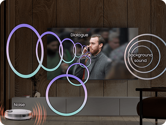 Cuando el Amplificador de voz activa profesional está desactivado, el diálogo de un hombre en la pantalla emite ondas sonoras más pequeñas que el ruido de fondo en la escena y el ruido de una aspiradora en la habitación. Cuando se activa, las ondas sonoras del diálogo del hombre son más grandes y se proyectan a mayor distancia de la pantalla.