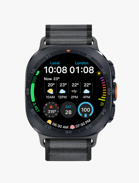 Vista frontal y vista de cerca en ángulo del Galaxy Watch Ultra2 con una Trail Band negra, mostrando una esfera de reloj con información como hora local y hora de Londres, clima, número de pasos, brújula, fecha, porcentaje de batería, amanecer y atardecer.