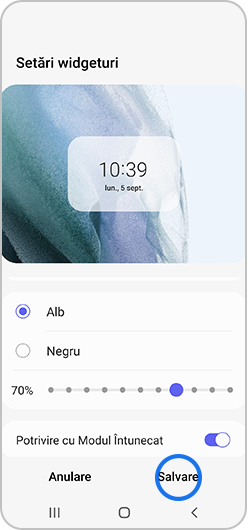 Glisați bara la stânga sau la dreapta pentru a regla transparența widget-ului pe smartphone-ul Samsung Galaxy.