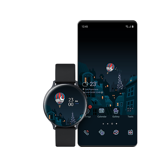 GUI ekran koji prikazuje Galaxy Watch i Galaxy telefon sa sličnim temama.