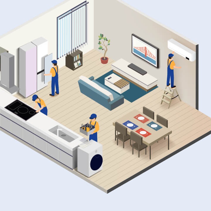 Установка бытовой техники Samsung в квартире. Инфографика со стиральной машиной, кухонной плитой, холодильником и кондиционером.
