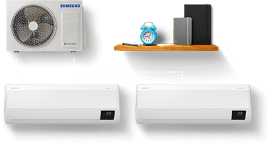 Белый настенный кондиционер, мульти-сплит-система Samsung. Схема подключения двух внутренних к одному общему наружному блоку.