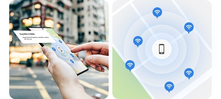 On the left, a person holds a smartphone. On the screen, a map shows the location of a lost device. On the right, a zoom-in of the same map shows the lost device surrounded by signals from other Galaxy devices.