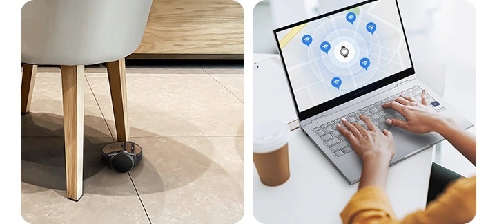 On the left, a Galaxy watch lies on the floor under a chair. On the right, a person is using a laptop. On the screen, a map shows a watch icon surrounded by helper signals from other Galaxy devices.