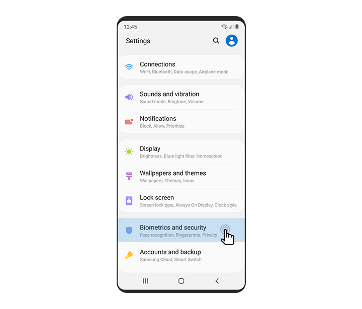 Front view of a smartphone with 'Biometrics and security' icon selected on the 'settings'