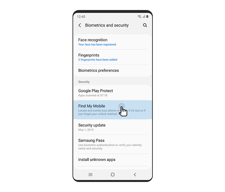 Front view of a smartphone with 'Find My Mobile' icon selected on the 'Biometrics and security'
