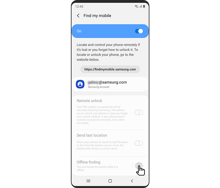 A Galaxy phone's setting interface for Find My Mobile. The toggle button is switched to On.