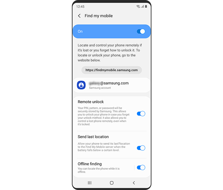 A Galaxy phone's setting interface for Find My Mobile, which is switched on. Below the main button, the Remote unlock, Send last location, and Offline finding settings are also switched on.