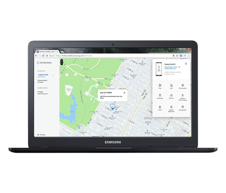 The Find My Mobile website is being used on a laptop, showing a map with an icon where a lost device is presumed to be. 'Locate my screen' function is being used. 