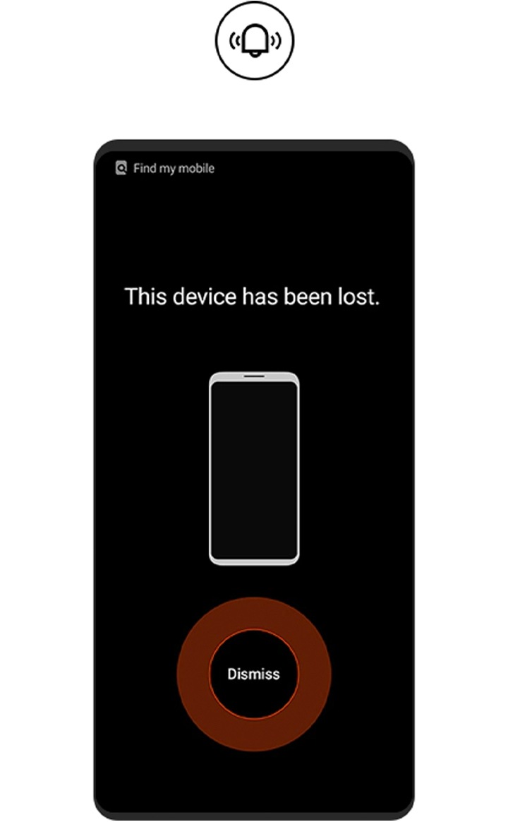 A smartphone which ringtone is ringing to notify the loss. The ‘Ring my device’ icon hovers above the smartphone. 