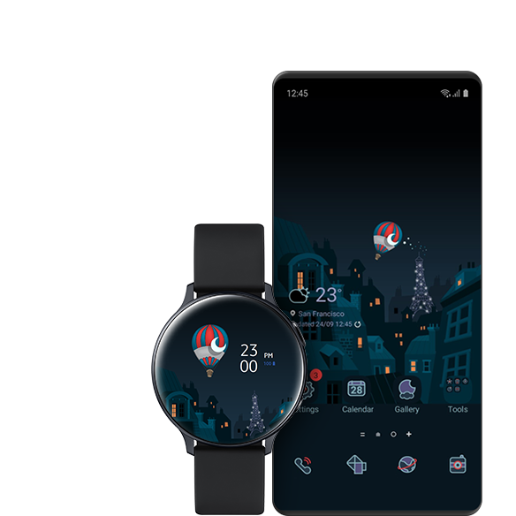 Экран графического интерфейса, показывающий Galaxy Watch и телефон Galaxy с похожими темами.