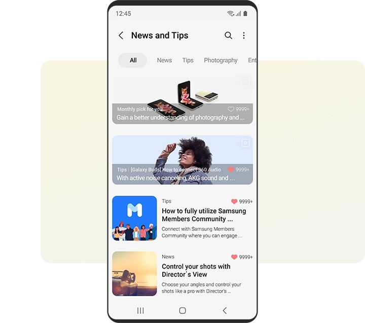 Galaxy smartphone showing the News and Tips page on the Samsung Members app.