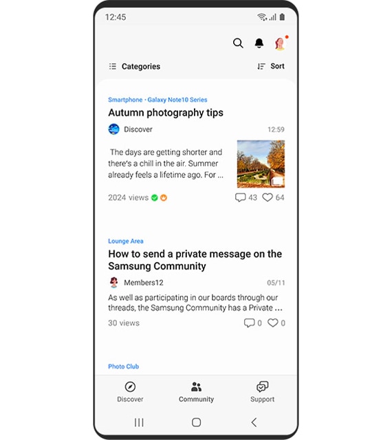 Galaxy smartphone showing the Community page on the Samsung Members app.