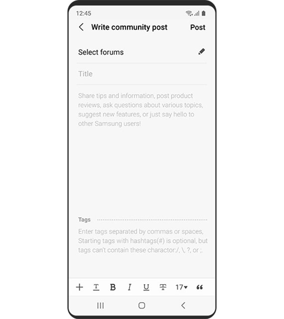 Galaxy smartphone showing the Write community post page on the Samsung Members app.