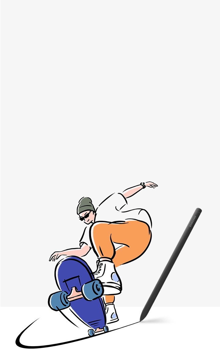 An illustration of a young man on a skateboard which has been drawn with the S Pen. The S Pen is superimposed on the illustration, with its tip poised at the end of one brush stroke.