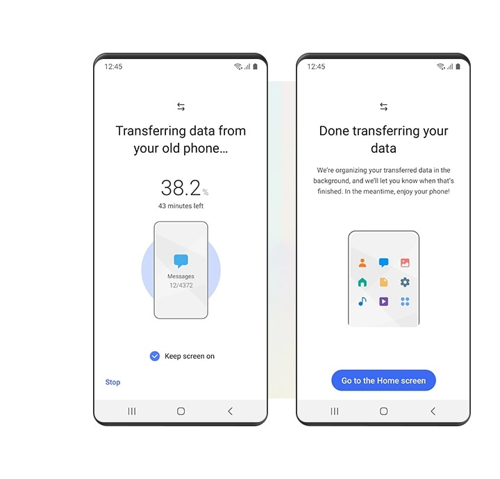 На экране устройства Galaxy симулирован интерфейс шага “Transfer” (Перенос) приложения Smart Switch. Слева показан интерфейс приложения Smart Switch с состоянием процесса переноса - процент перенесенных данных и оставшееся время в минутах. Справа показан интерфейс с информацией о завершении процесса переноса.