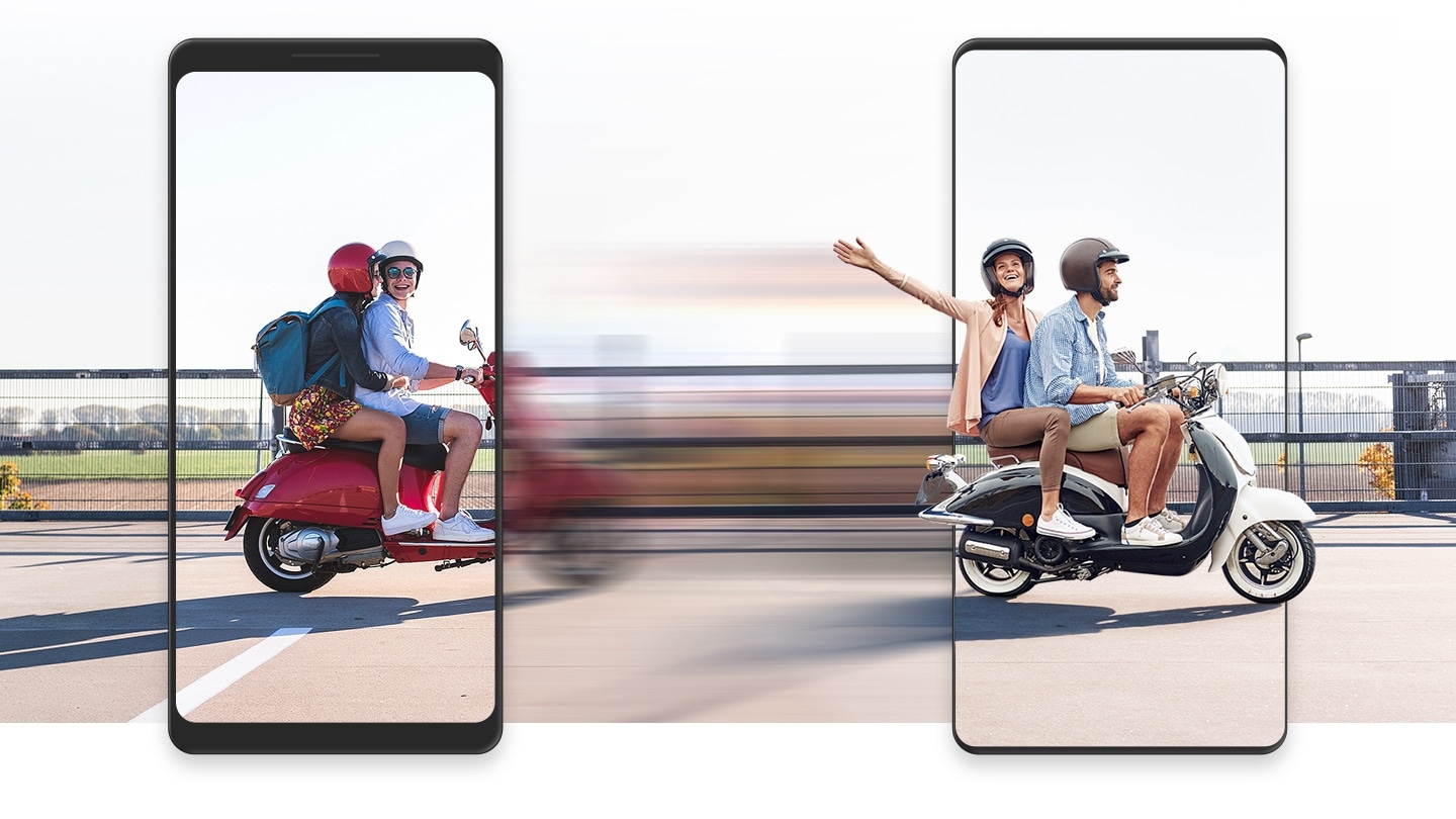 Data transfers quickly and easily from your old device to a new Galaxy, represented by a pair of scooters zooming from left to right, one framed by the simulated bezels of an old device and another framed by the shape of a new Galaxy device. Between the two vehicles is a blurred motion effect, indicating speediness.