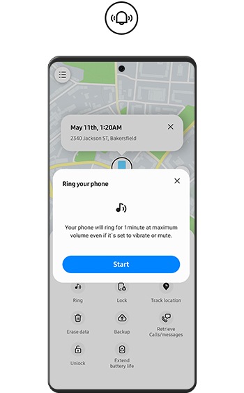 Найти телефон рядом, воспроизводение мелодии на максимальной громкости в течение 1 минуты для поиска смартфона Samsung Galaxy