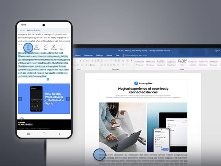 Текст копируется со смартфона и вставляется в документ Word на планшете.