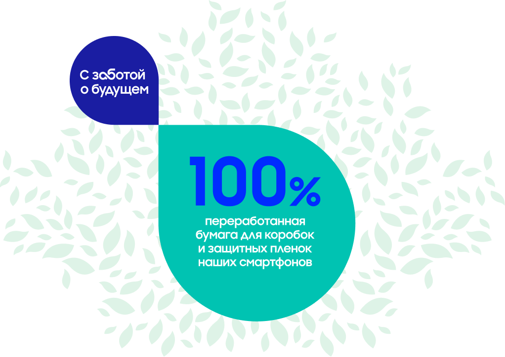 100% переработанная бумага для коробок и защитных пленок наших смартфонов