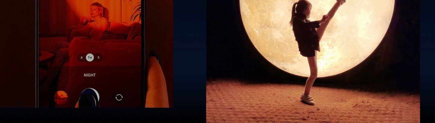 Смартфон с хорошими ночными фото, девочка на фоне большой луны в темноте