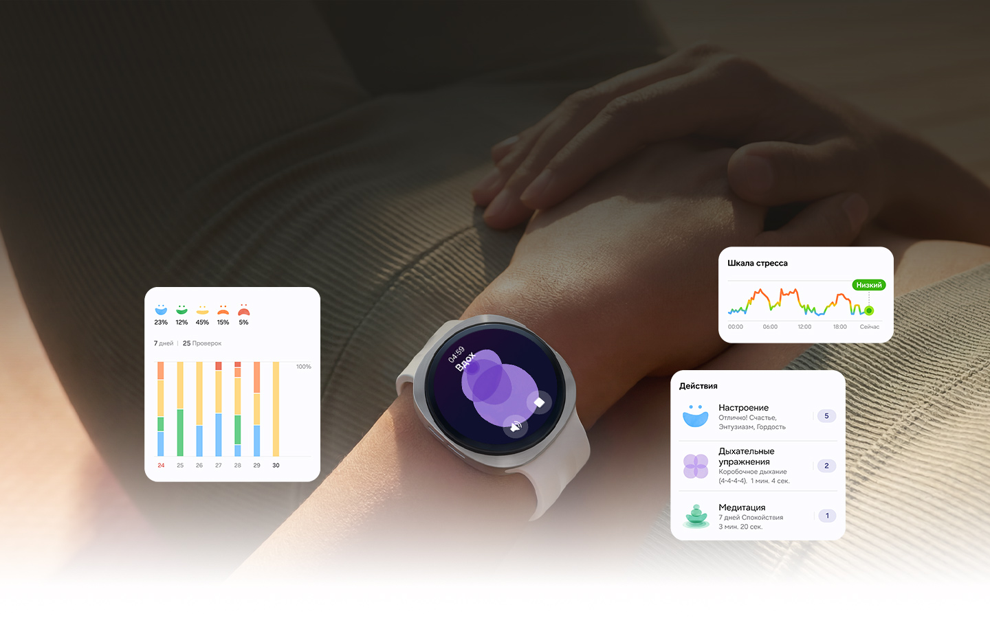 Человек лежит на спине, на его запястье надеты Galaxy Watch9. На экране отображается функция отслеживания уровня стресса, показывающая низкий уровень, что свидетельствует о расслабленном состоянии человека.