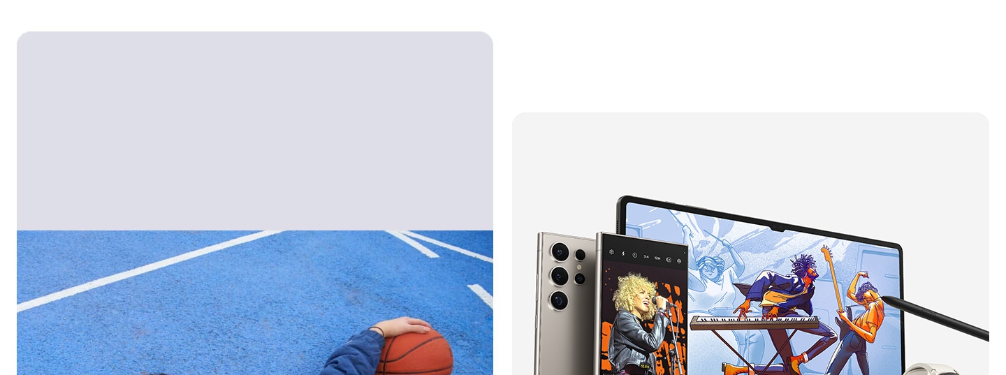 Парень в синей куртке лежит на баскетбольной площадке с мячом в руке, Galaxy Watch и Buds для любителей фитнеса и тренировок