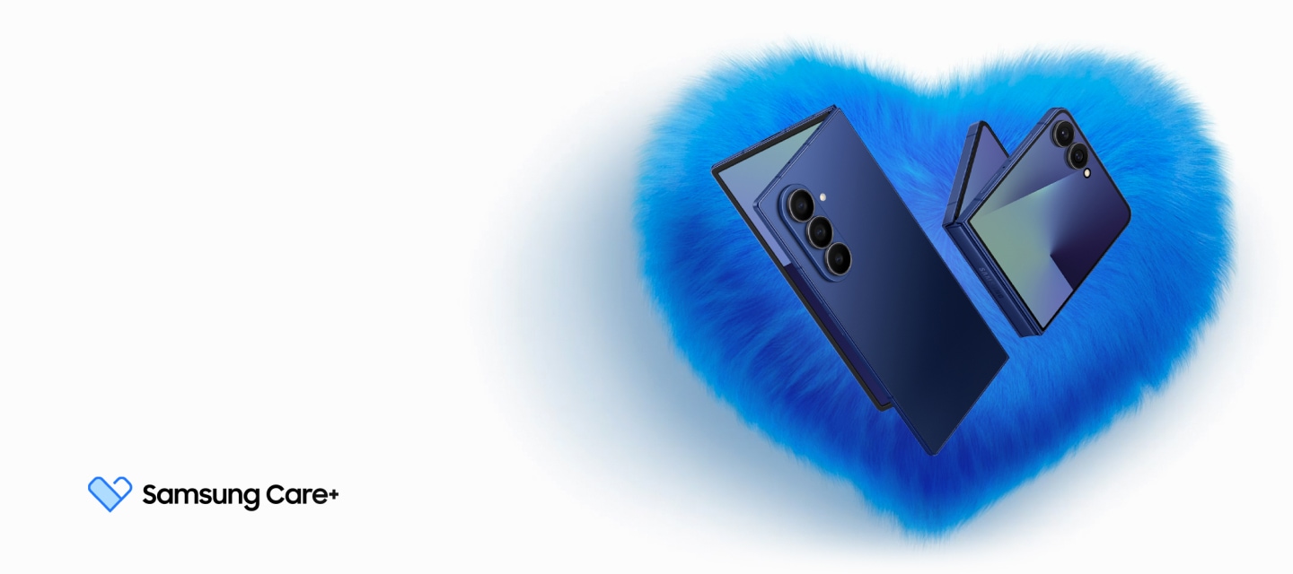 The text Samsung Care+ with its logo at the top-left. Galaxy S25 Ultra is partially placed on top of Galaxy S25 to form a V shape. Both devices are showing the rear view. 